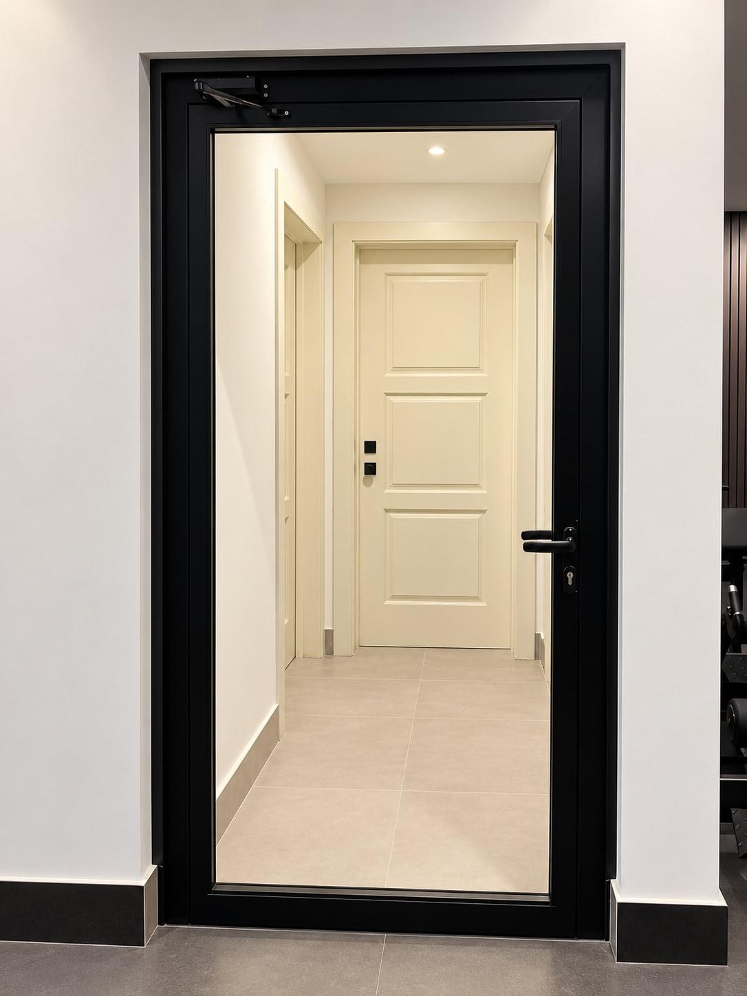Puerta Abatible en Aluminio Negro con Panel de Vidrio - Puertas y Ventanas en Punta Cana | Caribe Glass Windows Solution